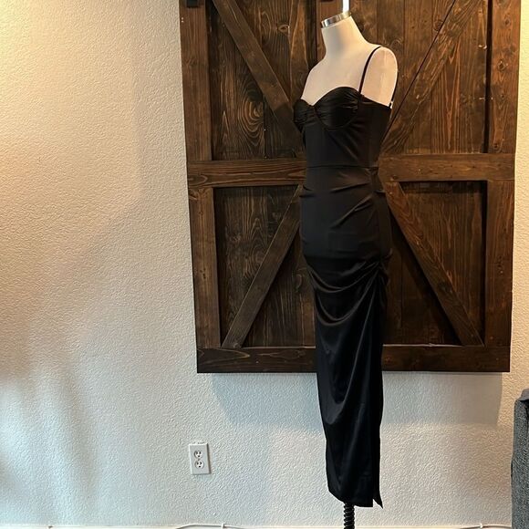 NWT Satin Spaghetti Straps Ruched Bodycon Slit Maxi Cocktail Elegant Dress - Picture 7 of 16